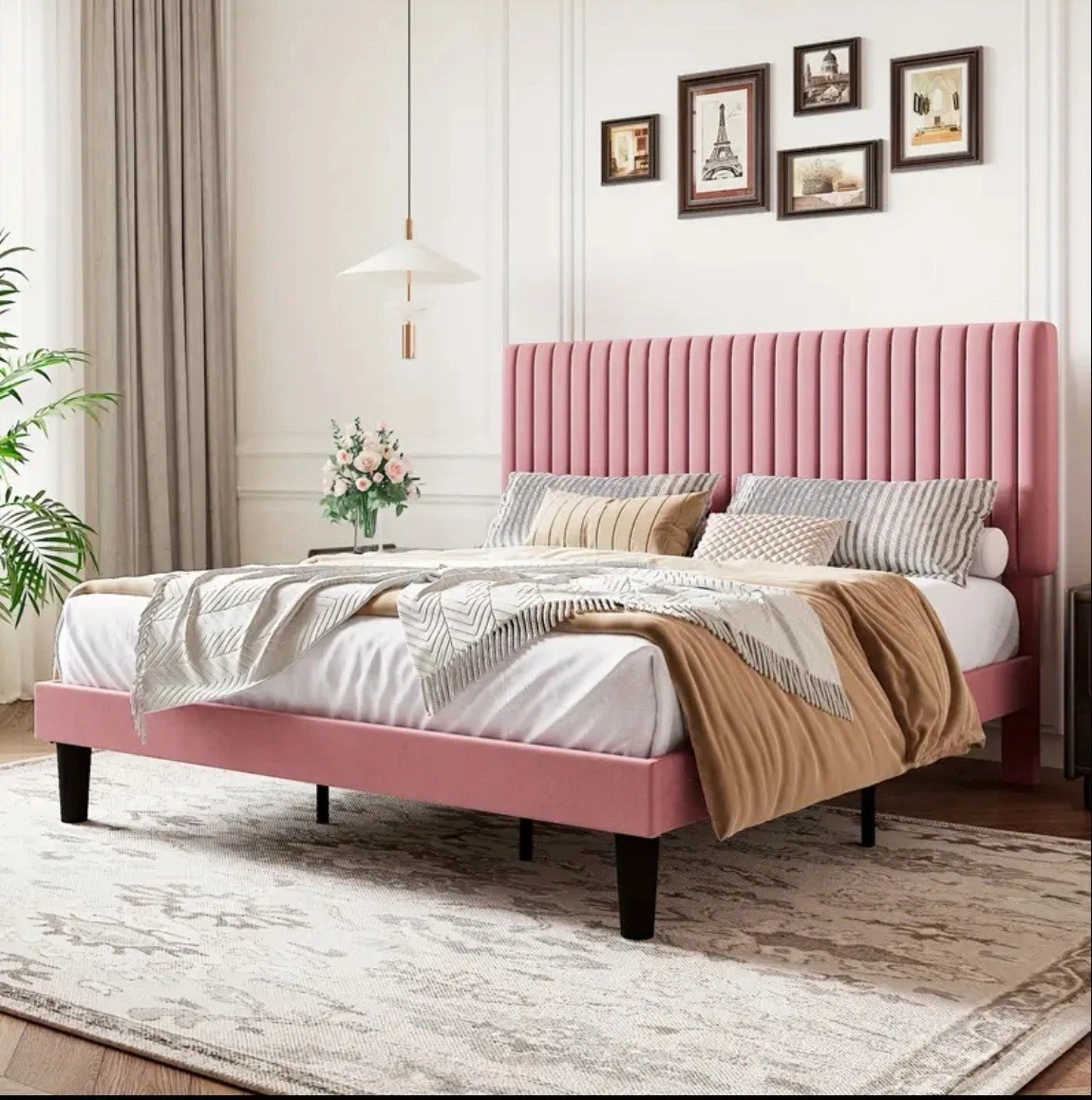Luxury Velvet Upholstered Platform Bed Frame, Adju
